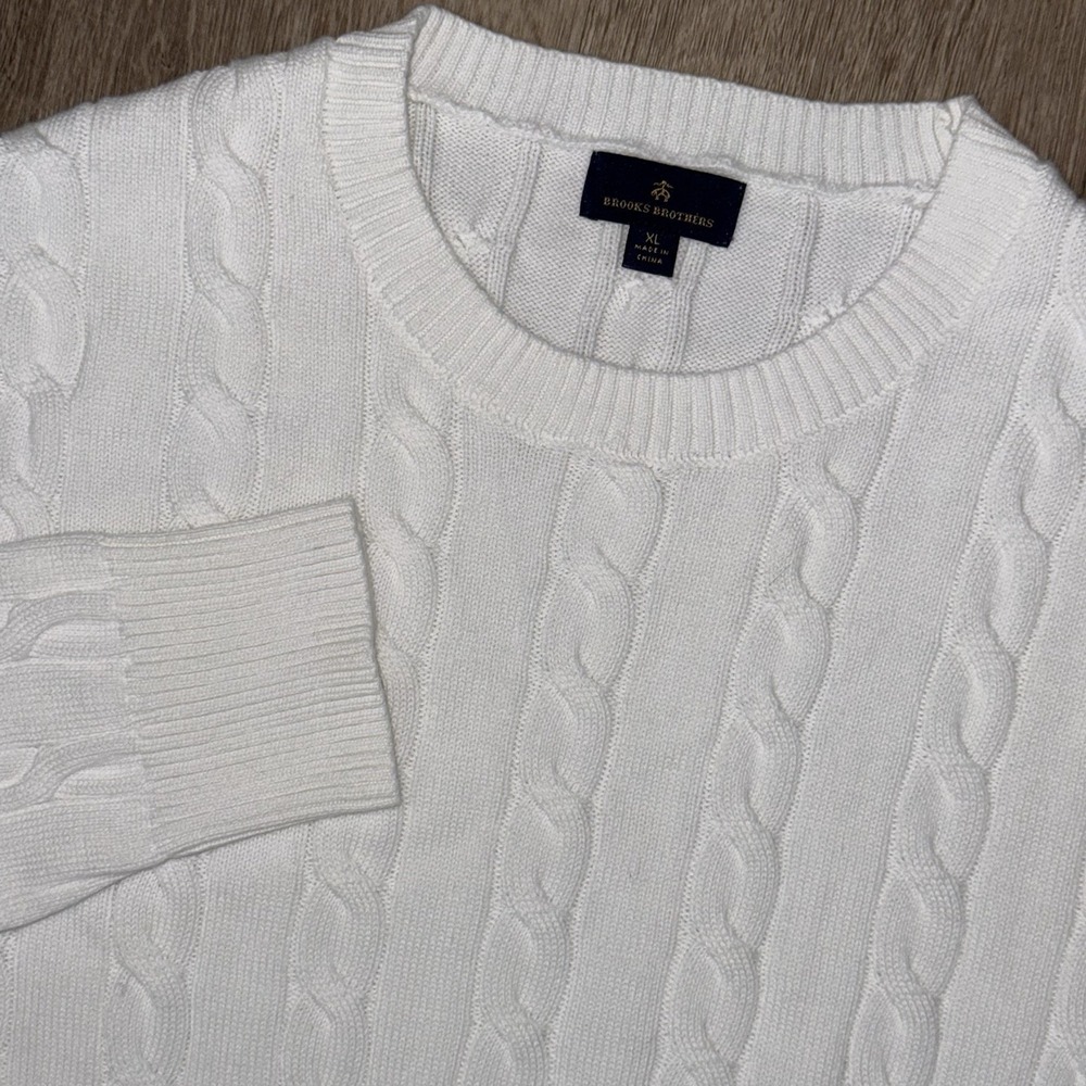 Brooks Brothers White Cable Knit Sweater Men's XL Combed Cotton Fisherman